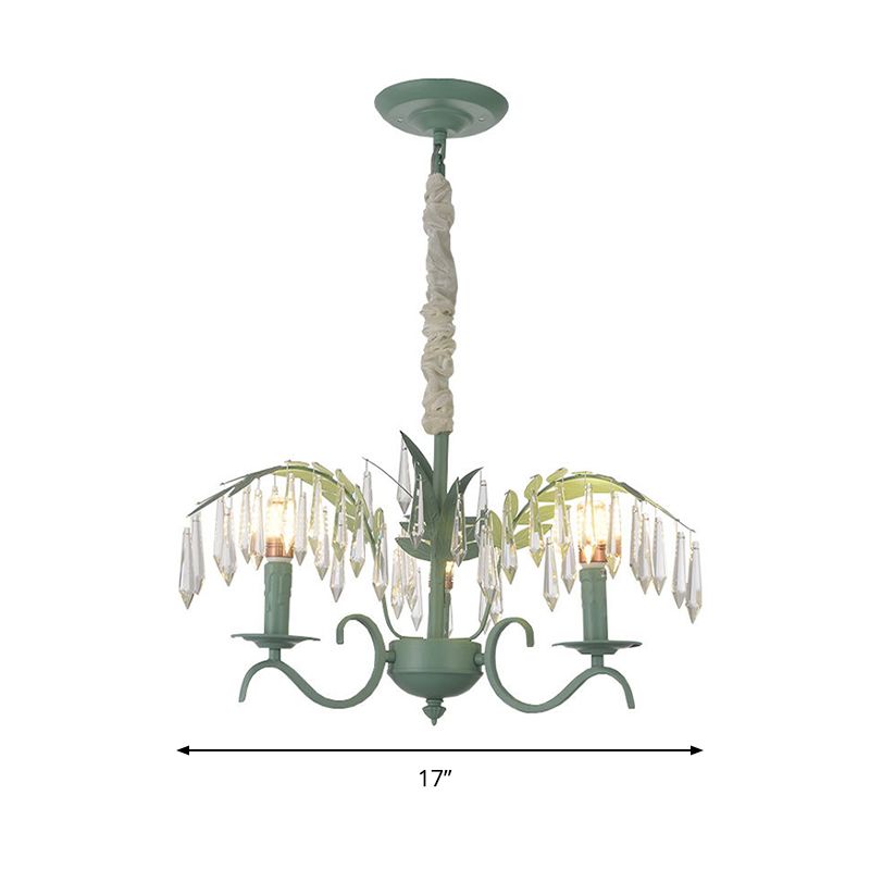 Metal Candle Hanging Light with Leaf & Crystal Restaurant 3 Lights Nordic Chandelier in Green