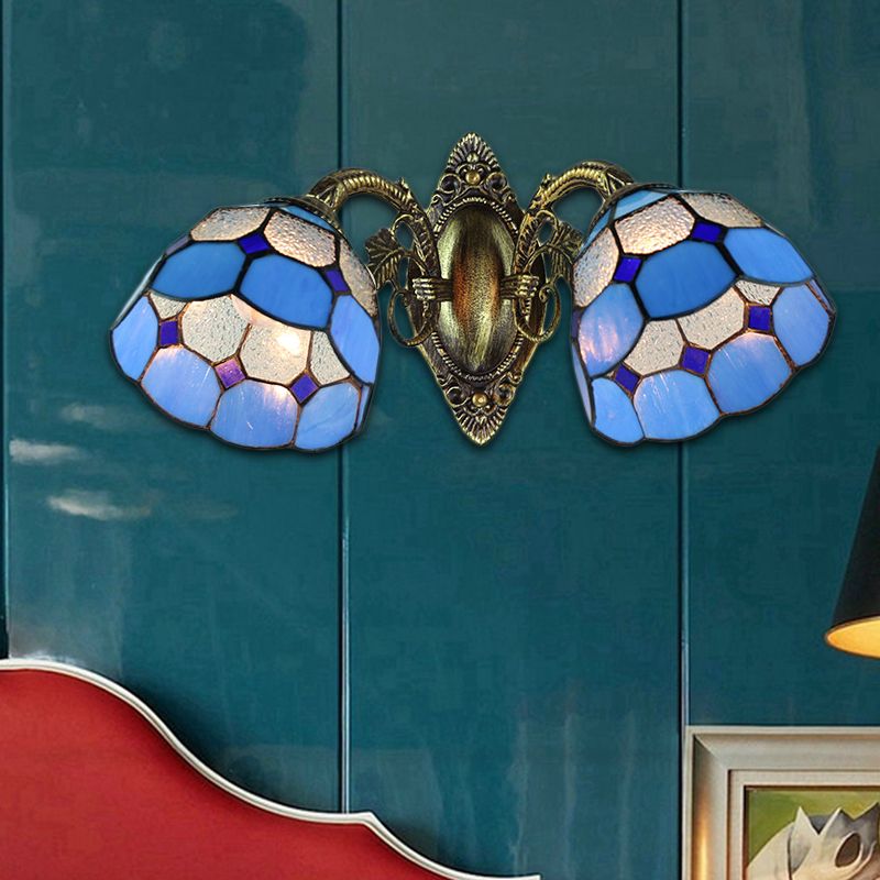 Dome Shade Wall Sconce Industrial Vintage Stained Glass 2 Heads Wall Fixture Light in Blue