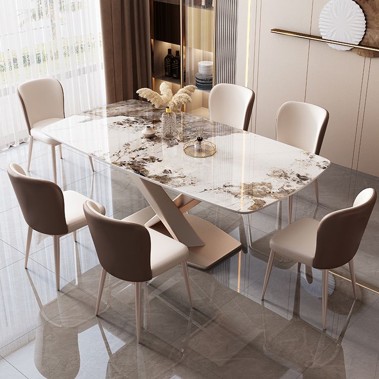 Luxury Rectangular White Stone Top Dining Table with Gold Metal X-Base