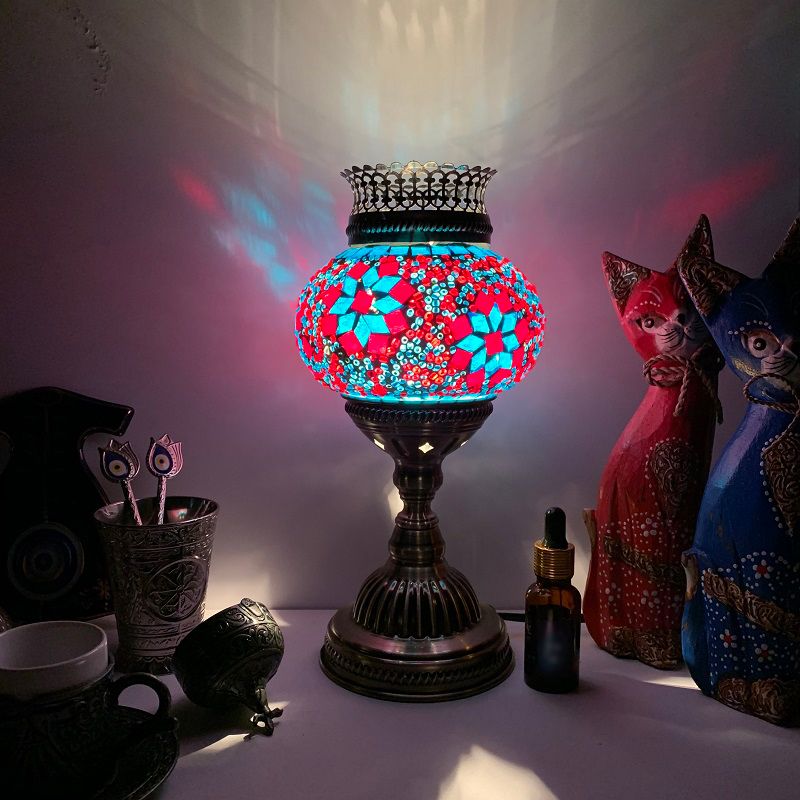 Traditional Lantern Torchiere Lamp 1-Light Stained Glass Table Light for Bedroom