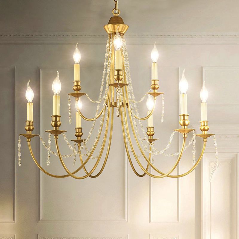 Candlestick Styling Living Room Large Chandelier Retro Rustic Style Crystal Suspension Lighting Fixture in Gold