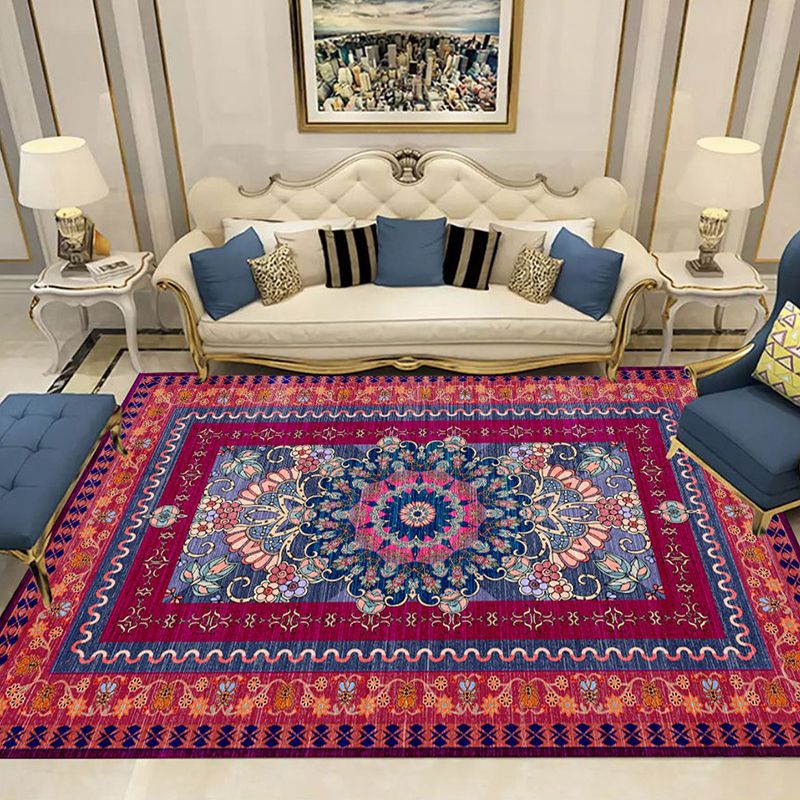 Bohemian Medallion Indoor Rug Red Polyester Area Carpet Anti-Split Rug for Home Decoration