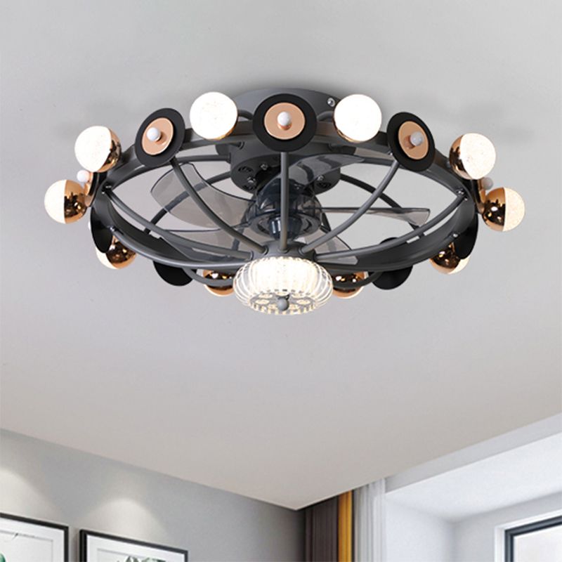 Oval Cage Metallic Pendant Fan Lamp Modernist 25.5" W 11 Heads White/Grey/Coffee Semi Flushmount, 4 Blades