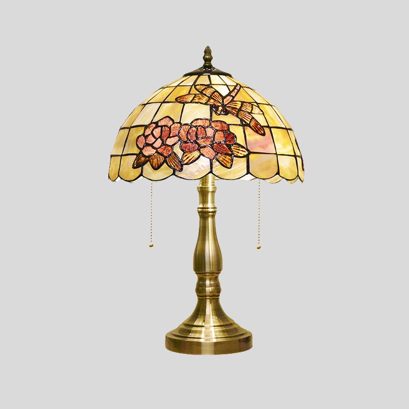 Brushed Brass 2-Bulb Nightstand Light Tiffany Shell Dragonfly on Peony Table Lamp with Pull Chain