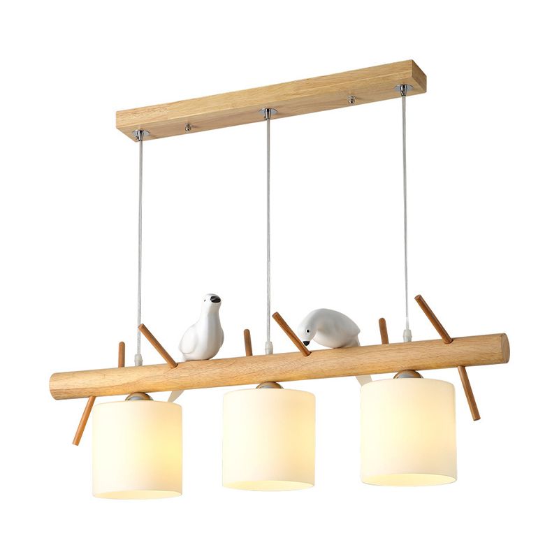 Modern Wood Pendant Light Cylinder Shape Island Light with Glass Shade for Living Room