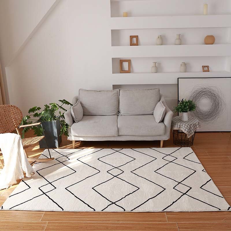 White Modern Rug Polyester Line Rug Stain Resistant Rug for Home Decor