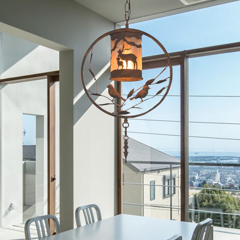 Bronze 1/2/3 Lights Pendant Lighting Rustic Fabric Cylinder Hanging Lamp for Restaurant with Metal Ring and Bird