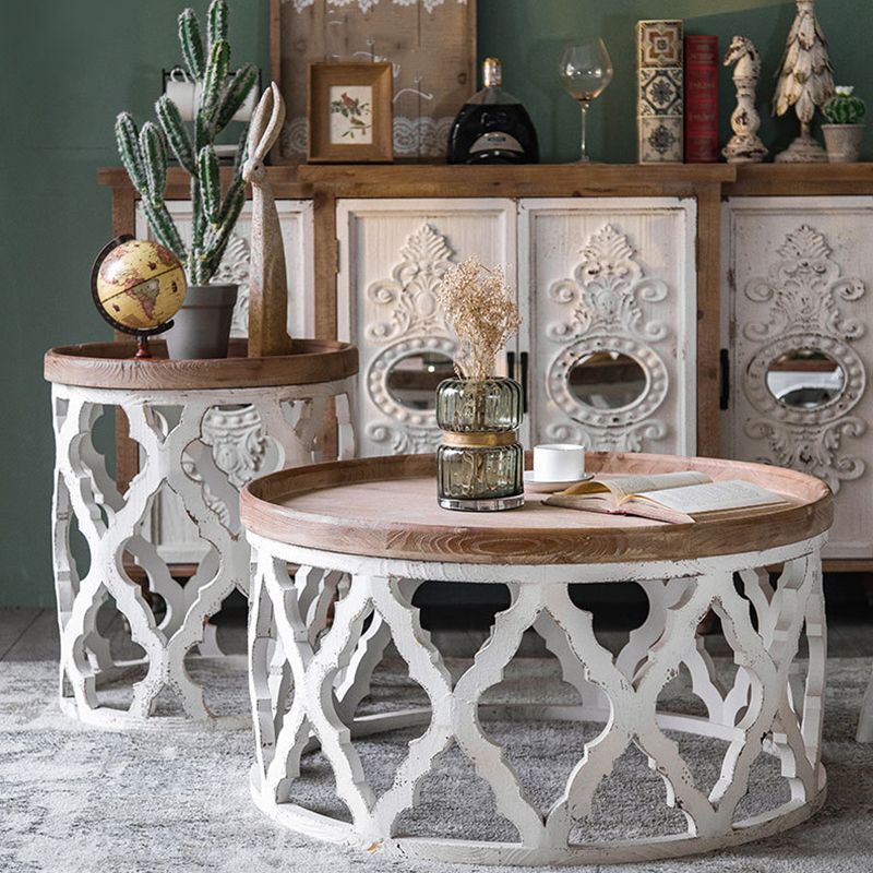 Rustic Drum Side Table Solid Wood Sofa Side Accent Table in Distressed White