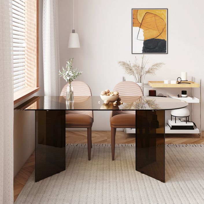 Tempered Glass Top Dining Table Free Form Dining Table with Double Pedestal