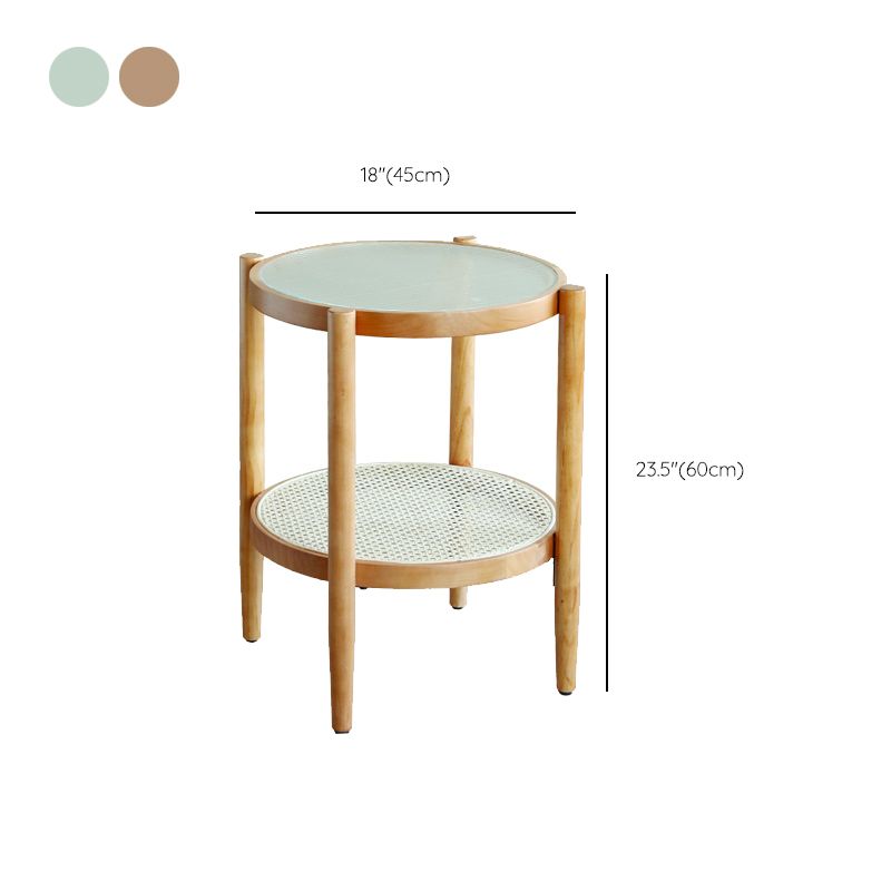 Round Glass/ Wood Top Coffee Table 4 Legs Cocktail Table with Shelf