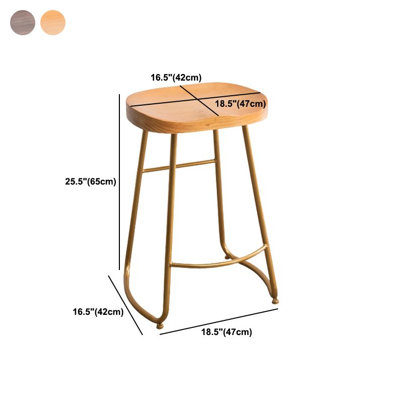 Modern Armless Backless Counter Stool Iron Kitchen Bar Stool with Pedal and Wooden Seat