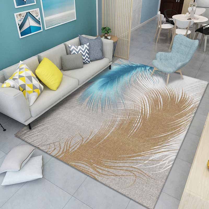 Grey Modern Carpet Feather Print Polyester Area Rug Anti-Slip Washable Rug for Living Room
