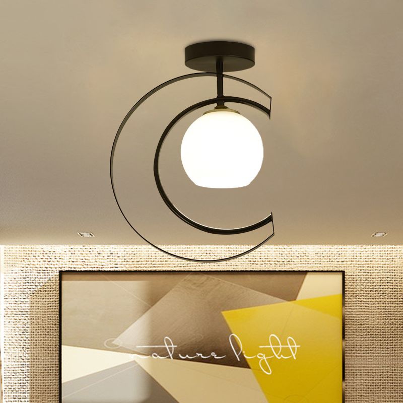 Modern Globe Semi Flush Light White Glass 1-Light Bedroom Ceiling Mounted Lamp in Black with Moon Iron Frame