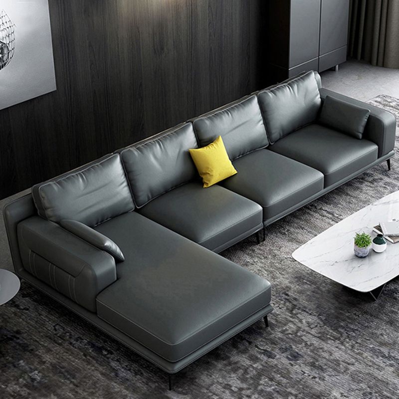 Stationary Genuine Leather Living Room Recessed Arm Pillows Sofa