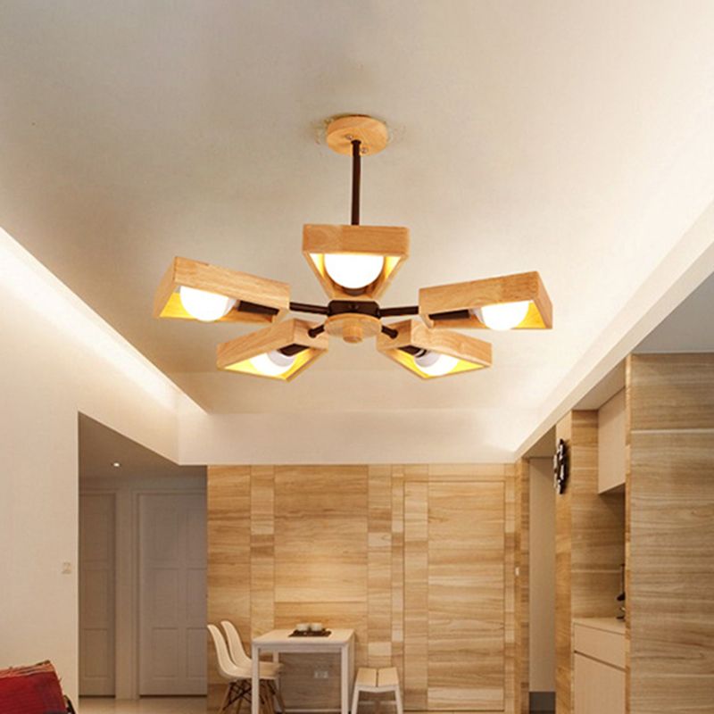 Trapezoid Frame Living Room Suspension Light Wood Minimalist Chandelier Lighting Fixture