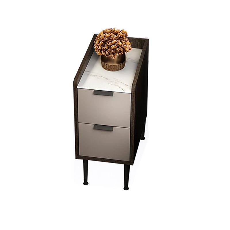 Espresso Wood and Off-White Night Table Modern Stone and Pearl Wood Bedside Cabinet