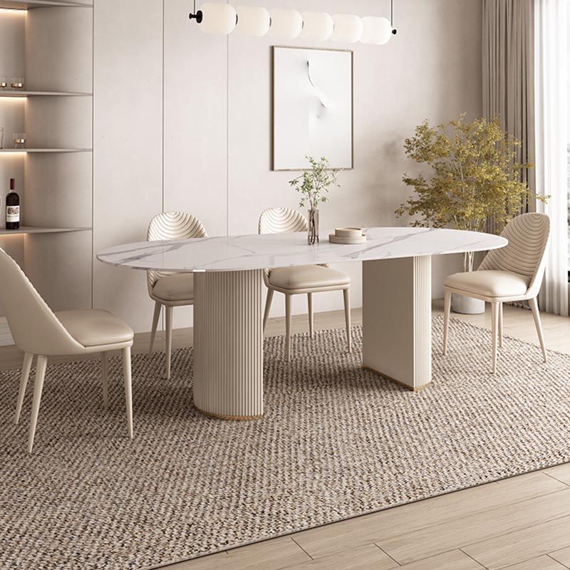 Stone Top Dining Table Modern Double Pedestal Table in White