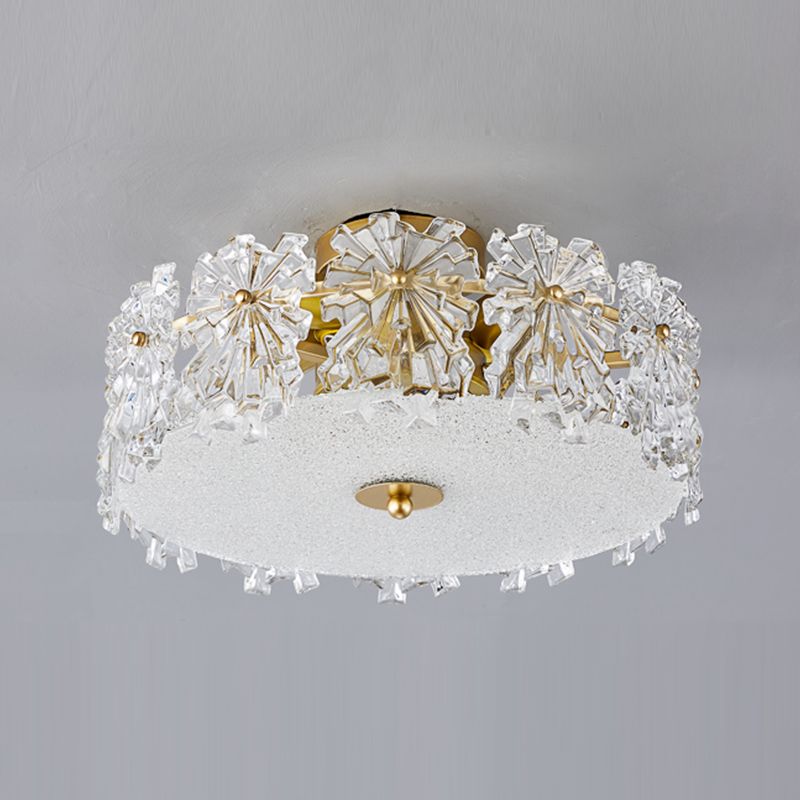 Gold Metal Flush Mount Light Fixtures Traditional Drum Semi Flush Ceiling Lamps with Glass Shade