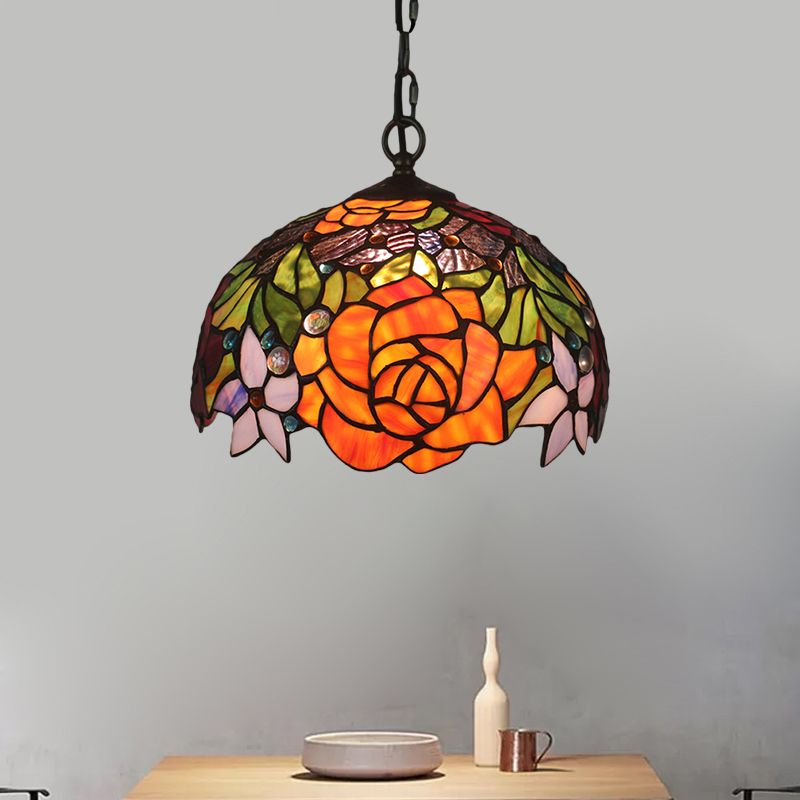 Dome Shade Cut Glass Pendant Lamp Victorian 1-Light Yellow Finish Hanging Ceiling Light with Blossom Pattern