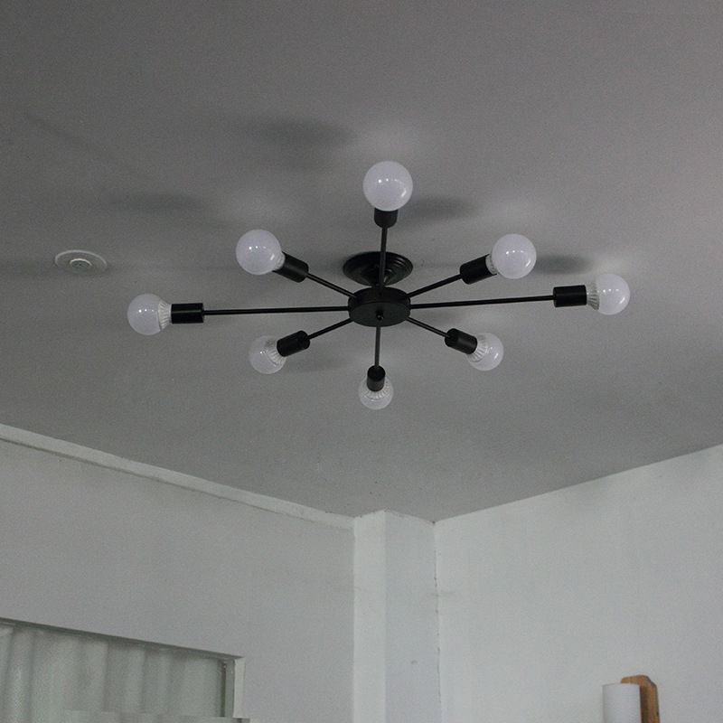 Lámpara de techo negra de 8 luces, estilo industrial retro, hierro Sputnik, montaje semiempotrado para sala de estar