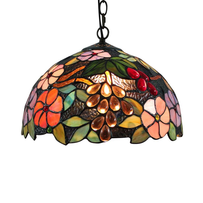 Victorian Floral Suspension Lighting 1 Head Black Stained Art Glass Pendant Light Fixture with Adjustable Metal Chain