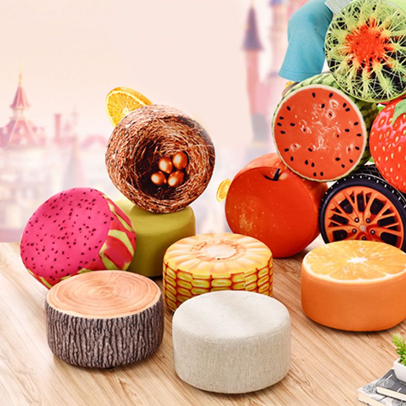 Round Pouf Upholstered Scratch Resistant Contemporary Fruit Printed Fabric Footstool
