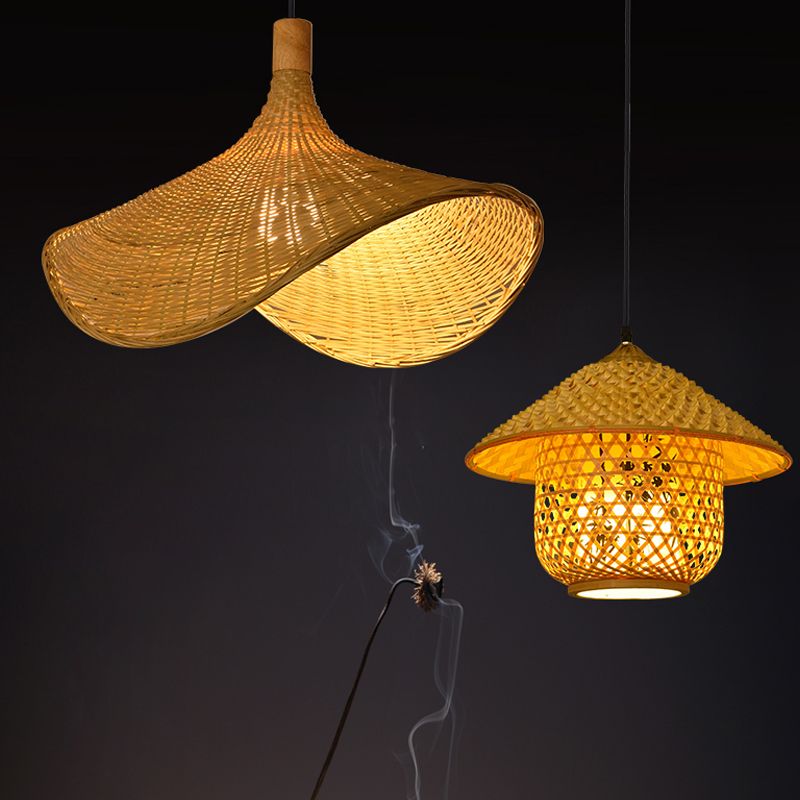 Hand-Weave Bamboo Pendant Lighting Asian 1-Bulb Hanging Light for Staircase