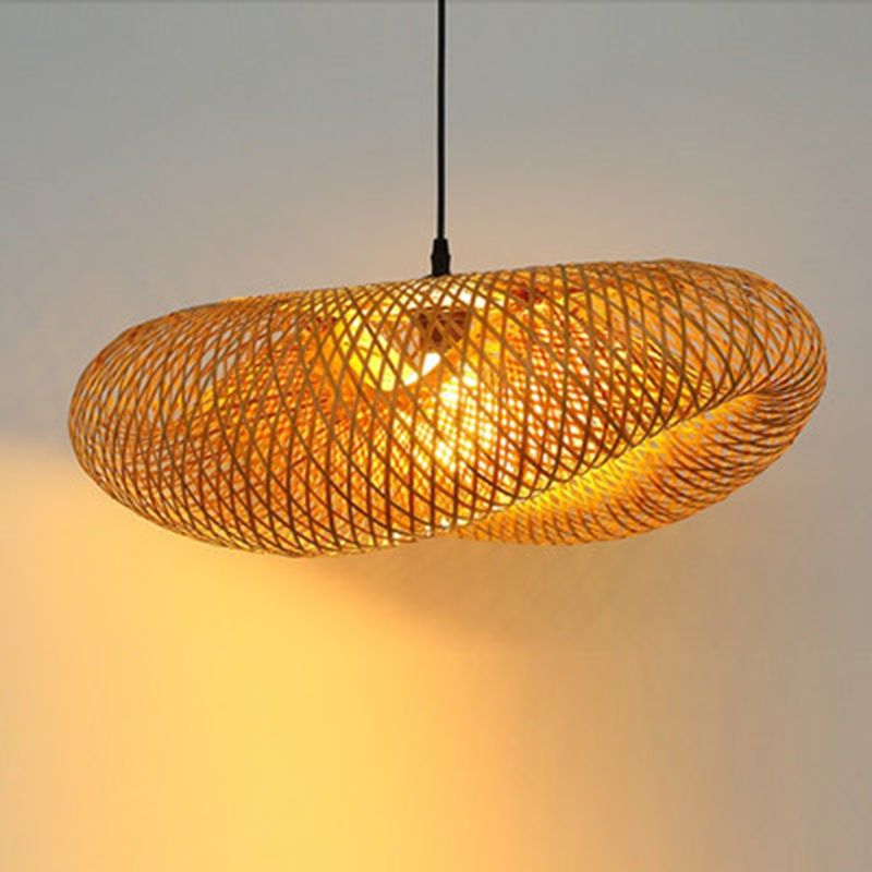 Straw Hat Shaped Bamboo Weaving Suspension Lamp Asian Style Single Bulb Hanging Light with 47" Adjustable Hanging Wire