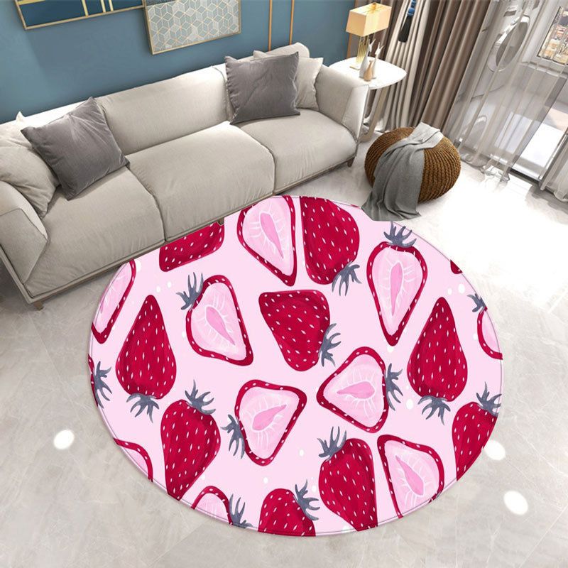 Round Strawberry Print Carpet Polyester Natural Rug Stain Resistant Area Carpet for Home Decoration