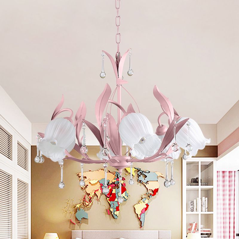 Pink/Blue/Green 6 Bulbs Chandelier Lamp Traditional Crystal Balls Floral Hanging Light Kit for Bedroom