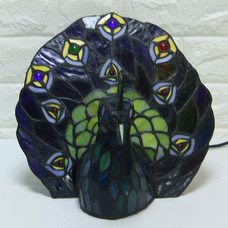 Blue 1-Head Night Lamp Mediterranean Stained Art Glass Peacock Shaped Table Lighting
