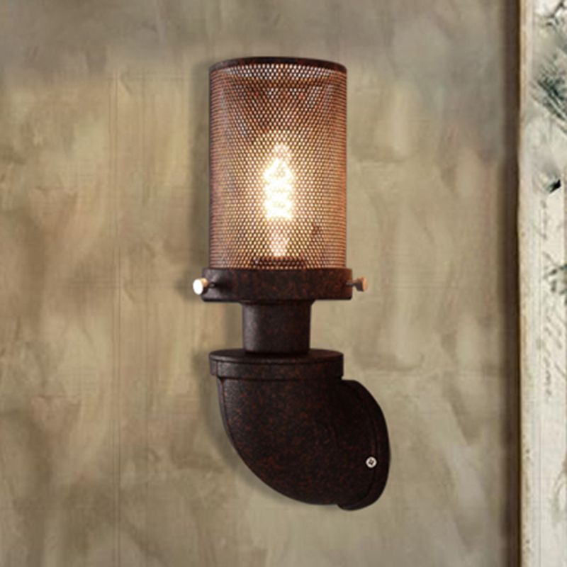 1 Light Metal Wall Lamp Industrial Rust Caged Cylinder Dining Room Sconce Light Fixture