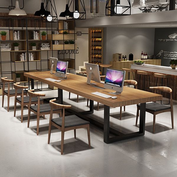 Rectangle Industrial Dining Table Solid Wood Top Dining Table with Metal Base