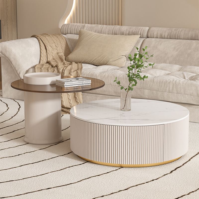 Drum Coffee Table Round Slate Top Cocktail Table with 2 Storage Drawers