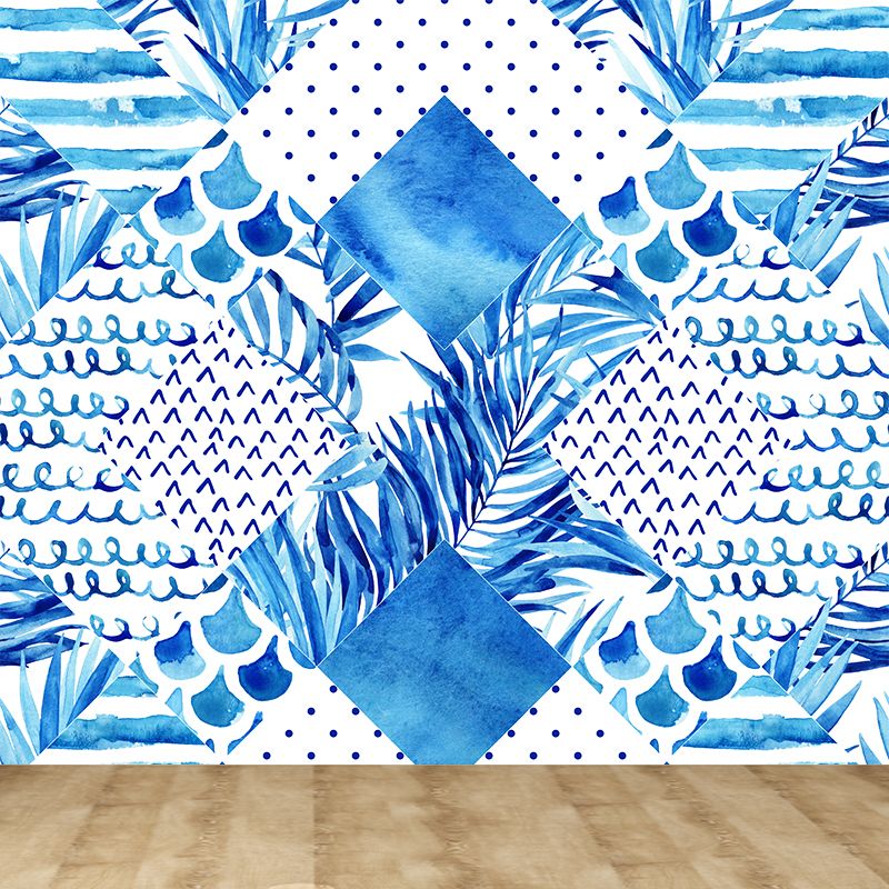 Extra Large Tropical Mural Wallpaper in Blue Leaves Pattern Wall Decor, Custom Printed