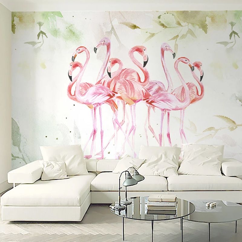 Customized Illustration Fresh Mural Wallpaper for Accent Wall with Flamingo Pattern in Pink