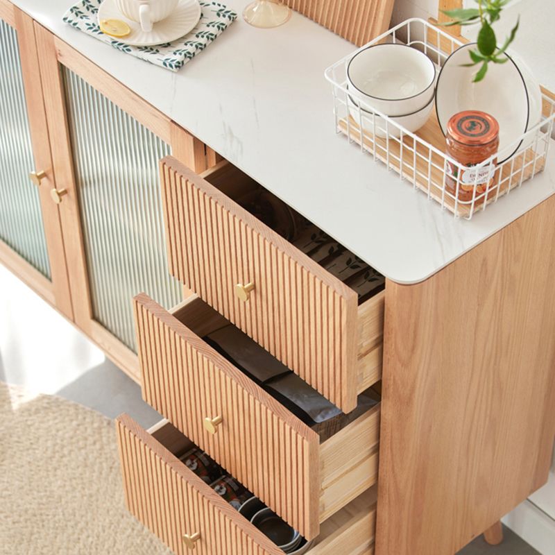 Oak Finished Sideboard Modern Style Glass Door with 3 Drawer