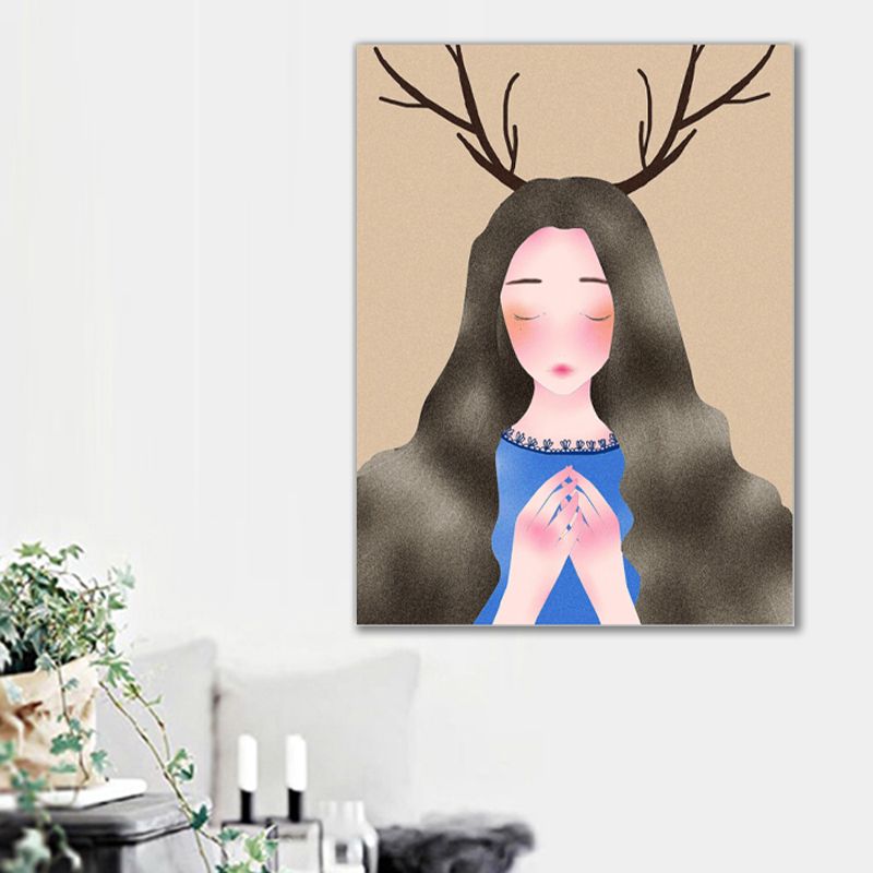 Fantasy Deer Girl Canvas Wall Art Cartoon Textured Surface Wall Decor for Dining Room