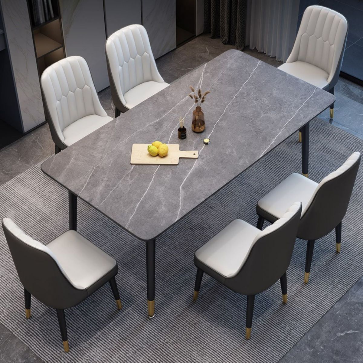 Contemporary Home Sintered Stone Scratch Resistant Dining Table Rectangle Table with 4 Legs Base