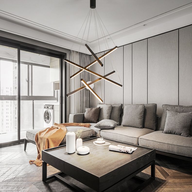 Nieuwe moderne zwarte lineaire kroonluchter verlichtingsarmaturen Metalen LED -hangende lamp voor woonkamer