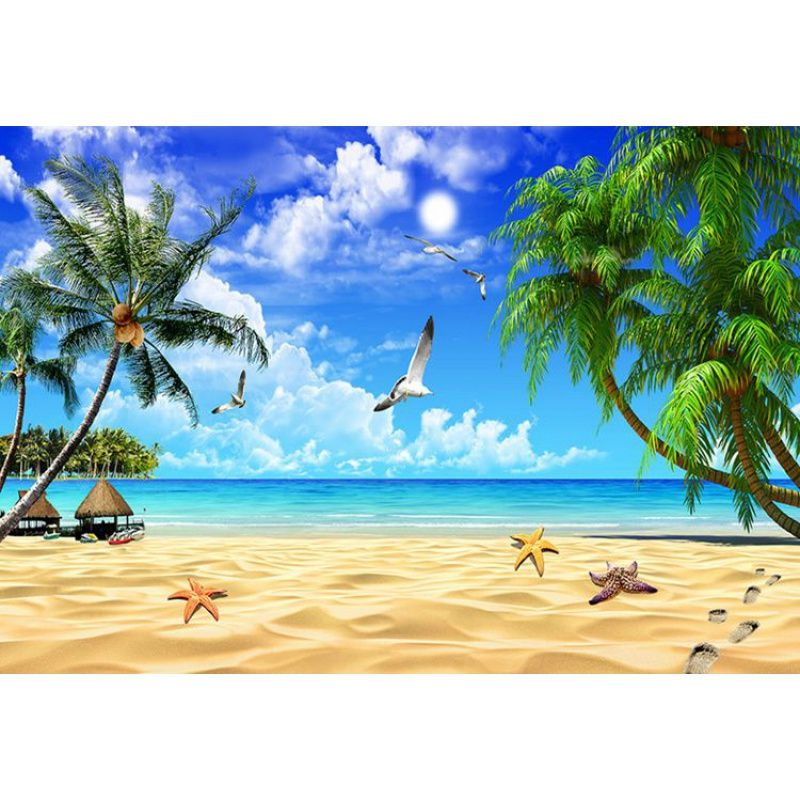 Full Seashore and Tree Mural for Bedroom Seagull Wall Art in Blue for Home Decoration