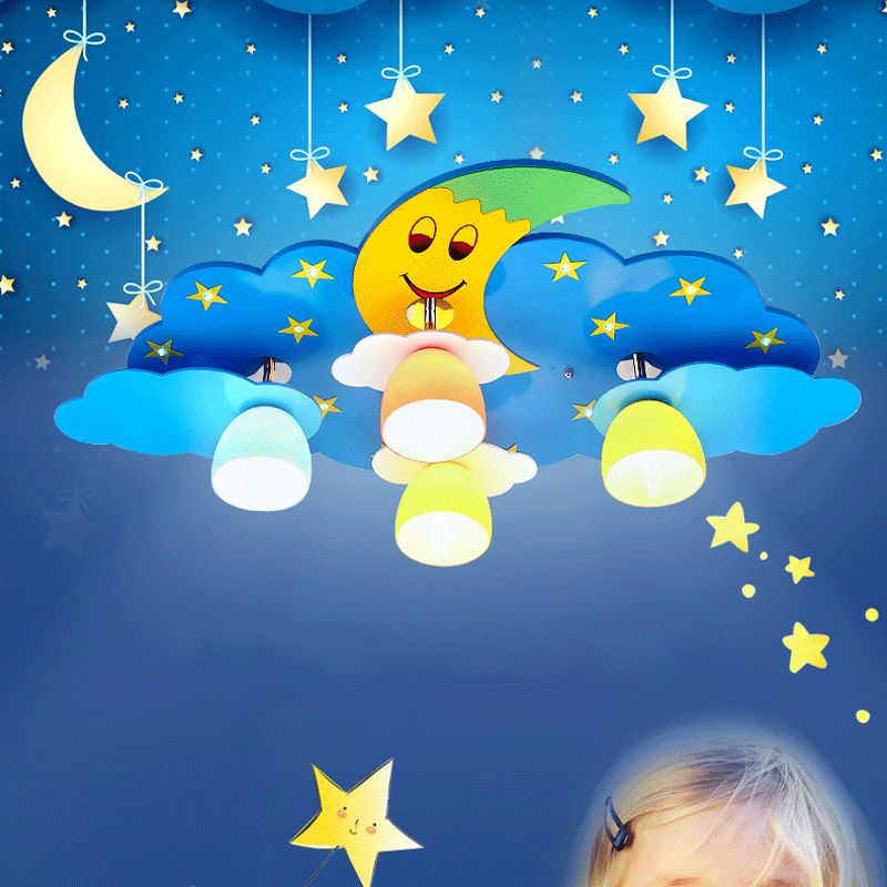 Cartoon-Mond- und Wolken-Unterputzleuchte aus hellem Holz, 4 Glühbirnen, Schlafzimmer-Unterputz-Deckenleuchte für Kinderzimmer