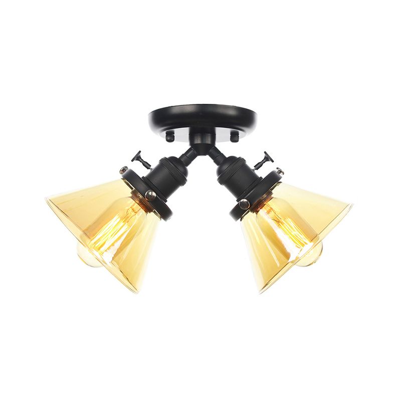 2 heads Restaurant Affaretto del soffitto Lampada vintage Black/Bronze Semi Flush Mount Light con ambra conico/Glass Clear The