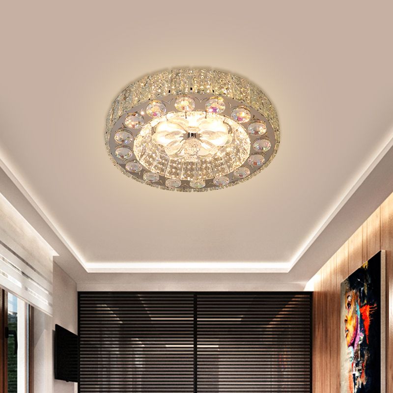Clear Faceted Crystal Blocks LED Ceiling Lamp Modern Nickel Round Corridor Flushmount Lighting