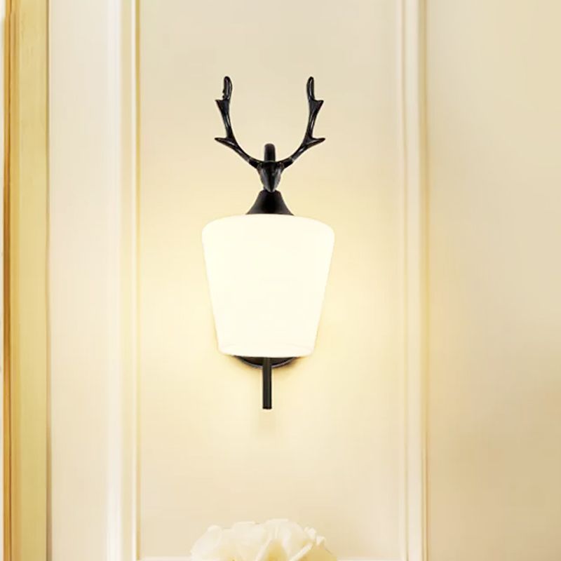 1 Light Metal Wall Lighting Country Black/Gold Antler Living Room Sconce Light Fixture with Frosted Glass Shade