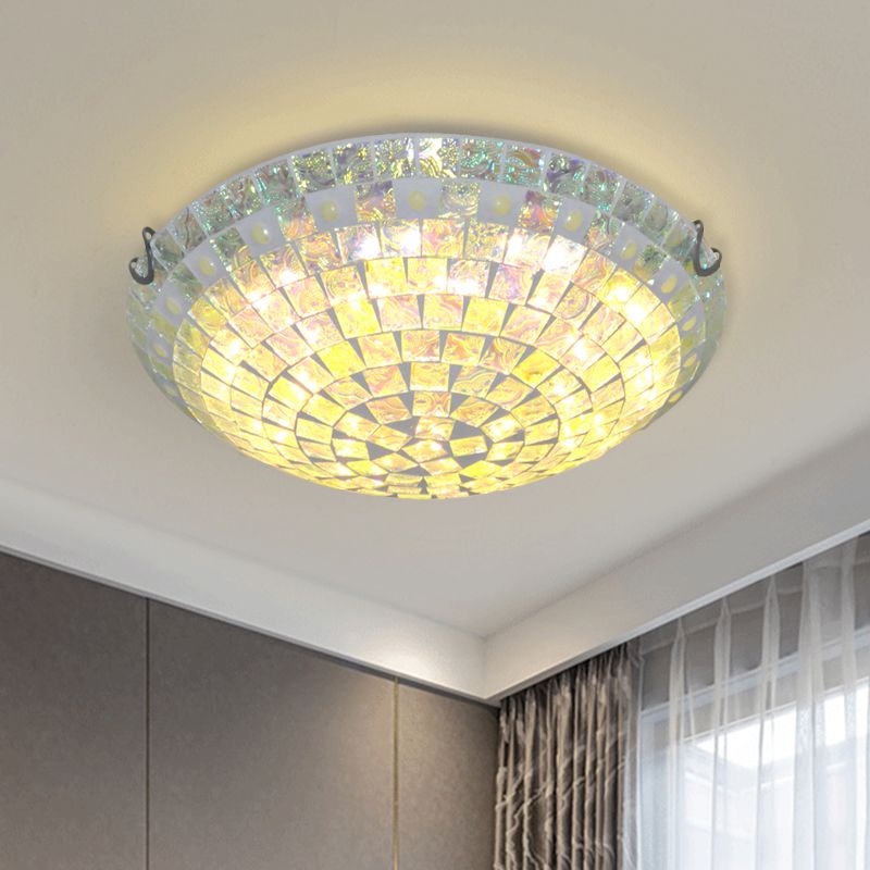 Bowl Square-Cut Glass Ceiling Lamp Baroque 12"/16" Wide 2/3 Lights Blue Flush Mount Light Fixture for Bedroom
