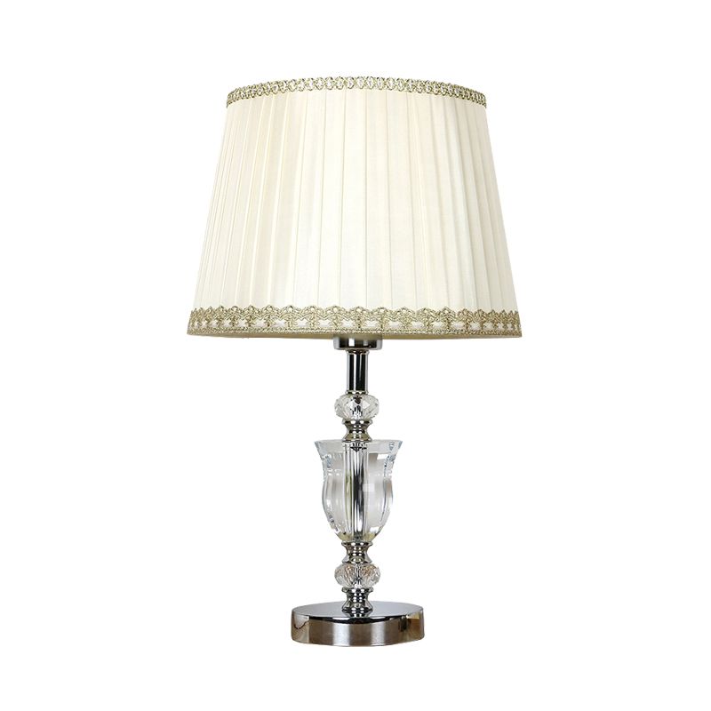White Drum Table Light Simple Fabric Single Head Bedroom Nightstand Lamp with Crystal Accent