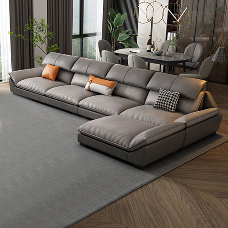 4-seat Faux Leather Retro Sofa & Chaise Grey Pillow Top Arm Sofa