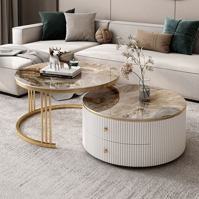 Round Frame Coffee Table Slate Nesting Coffee Table Set with Storage