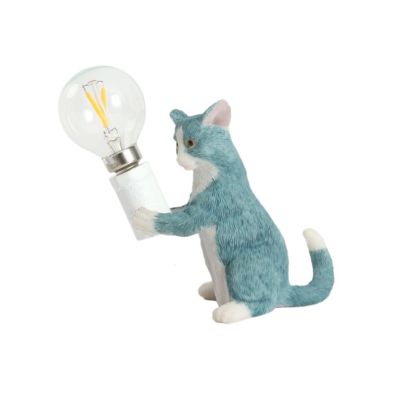 Tabby Cat Holder Table Lamp Kids Iron 1 Bulb Black/Yellow/Blue Nightstand Light with Bare Bulb Design